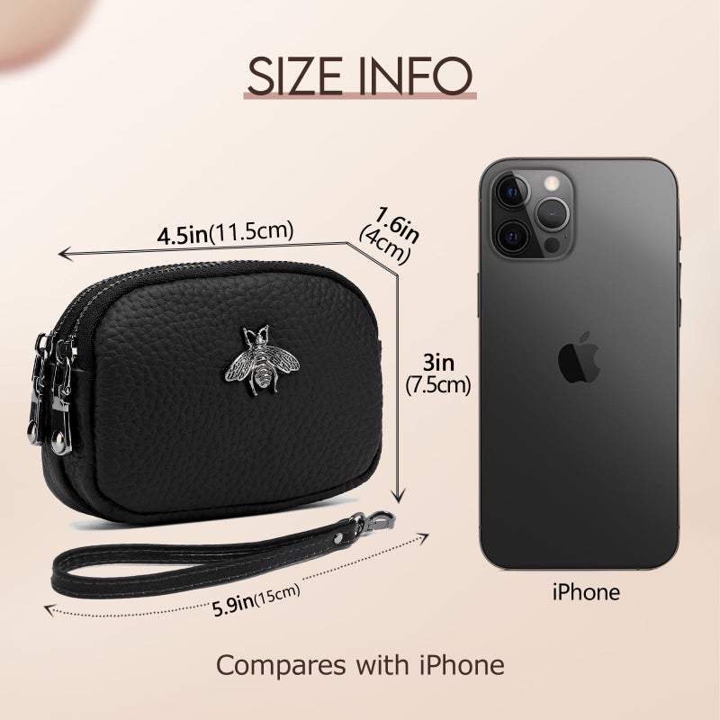 imeetu Women Leather Coin Purse, Small 2 Zippered Change Pouch Wallet(Black, Wrist Strap) - Image 4